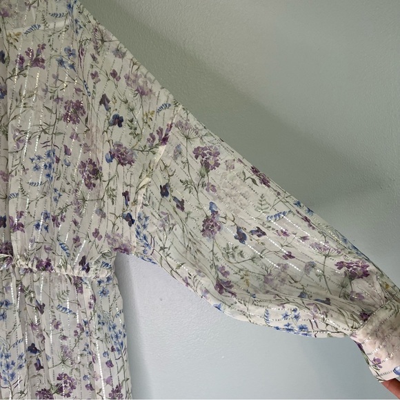 Express Floral Maxi Duster Shimmer Details Drawstring Metallic Beach Sz M boho - Picture 8 of 15